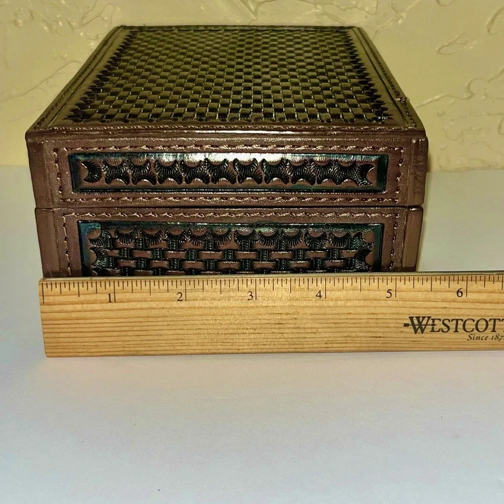 Tooled Leather Basket Weave Trinket Box with Lid Western Office
